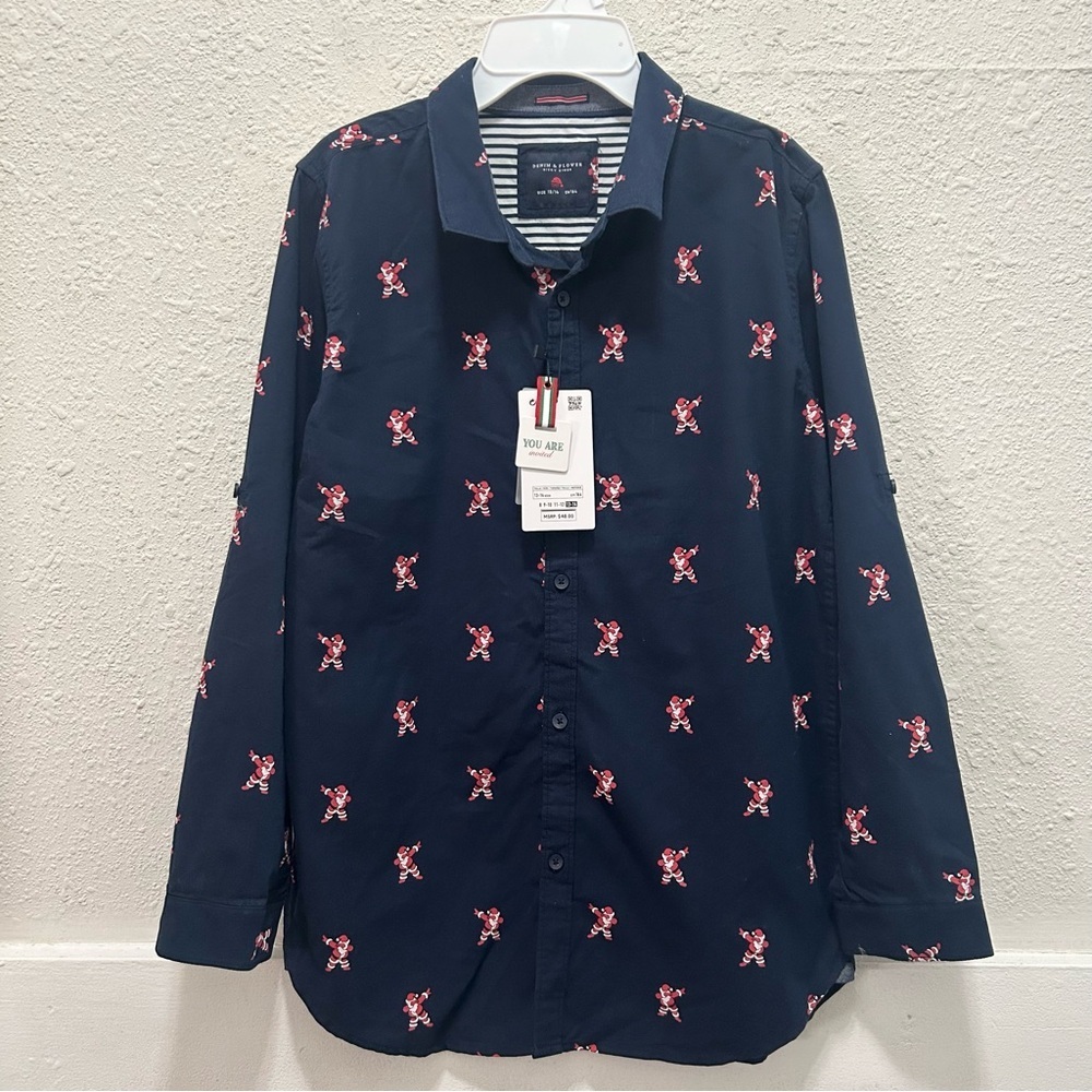 Denim & Flower Boys Navy with Dabbing Santa Christmas Button Down NWT 13-14